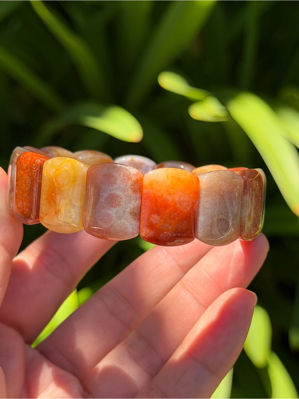 Stretchable rainbow color coral jade soft bangle 1601